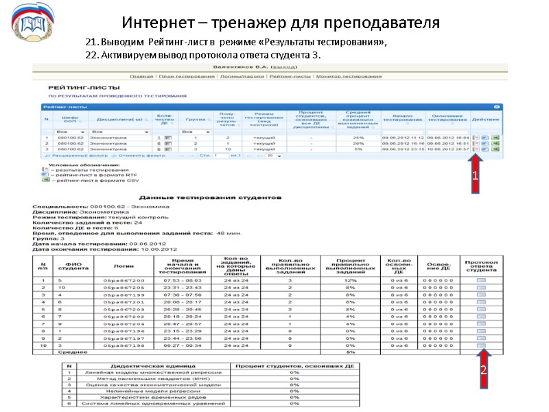 Интернет – тренажер для преподавателя 21. Выводим  Рейтинг-лист в  режиме «Результаты тестирования»,